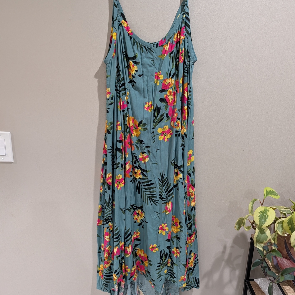 Teal Floral Hi-Lo Dress with Pink & Yellow Blooms